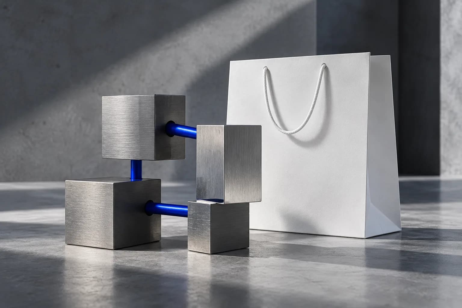 Einkaufstasche neben verbundenen Metallmodulen und blauen Leitungen.